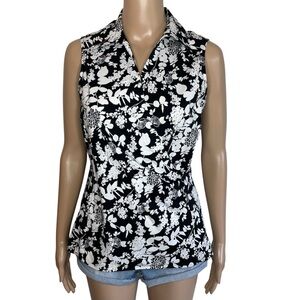 Talbots Black & White Floral Collared Cross Front Sleeveless Side Zip Tank Top